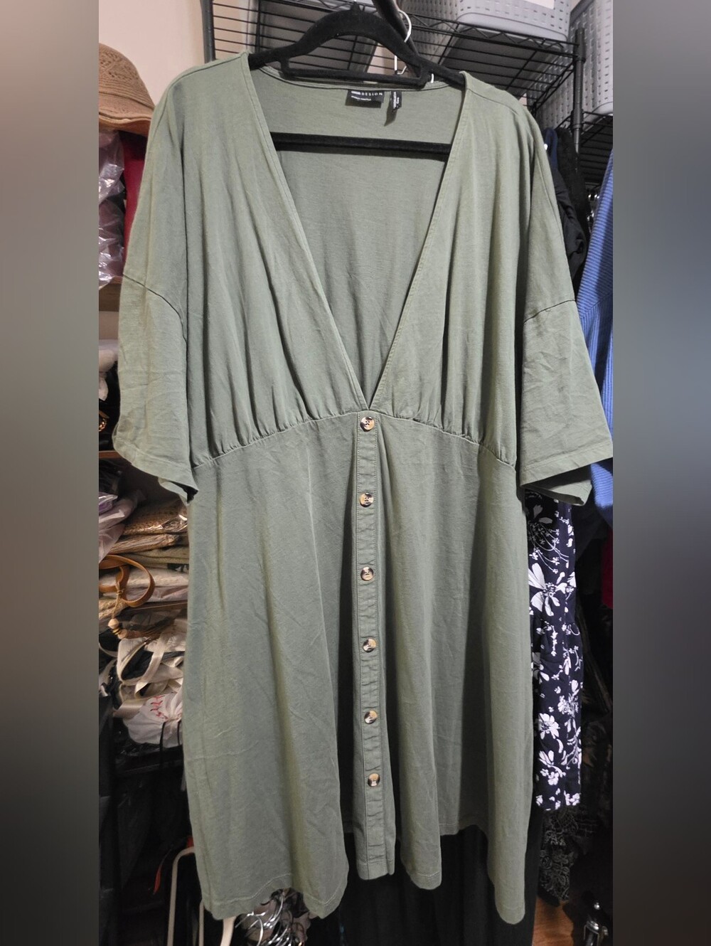 ASOS Olive Green Button-Front V-Neck Midi Dress